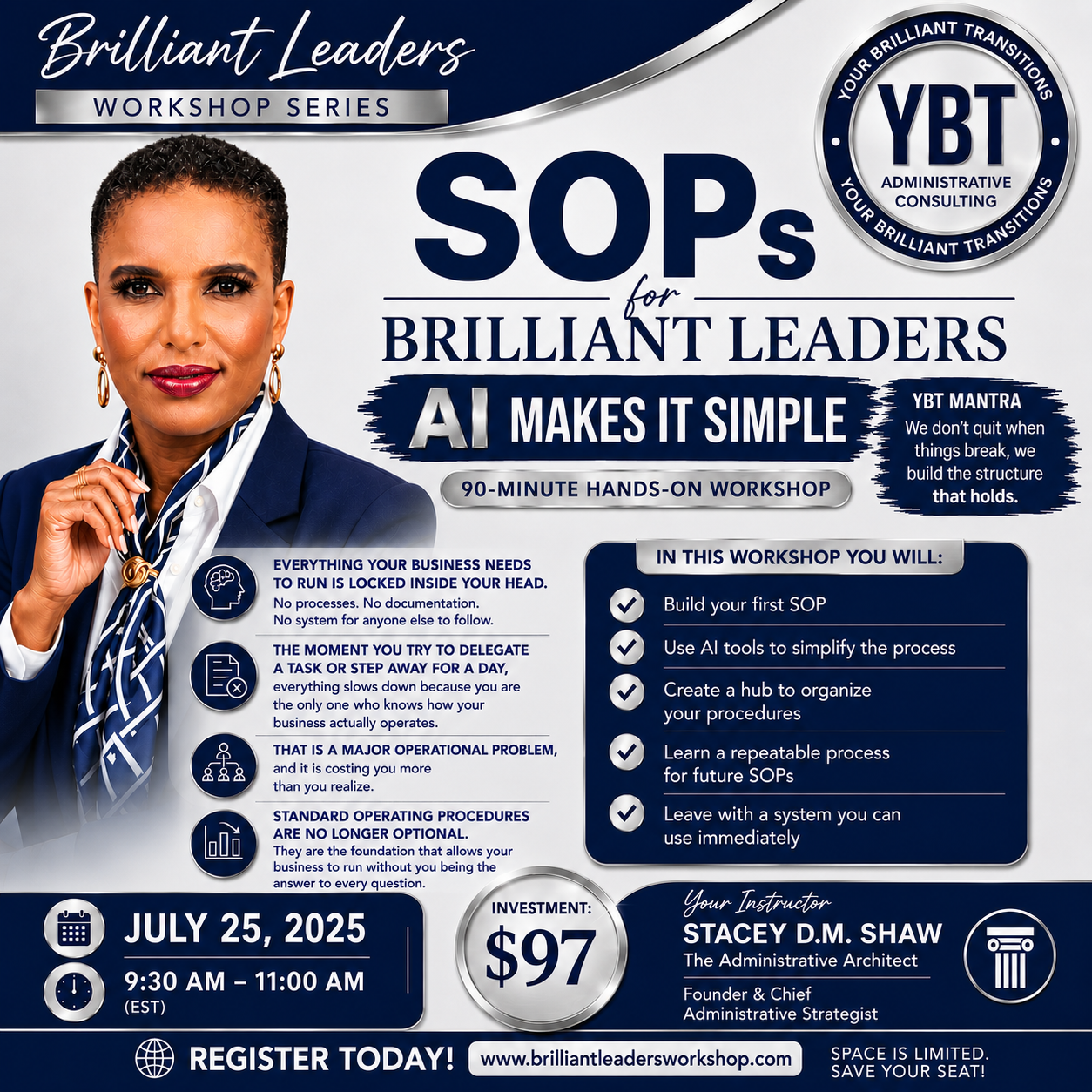 SOPs for Brilliant Leaders workshop flyer with Stacey D.M. Shaw